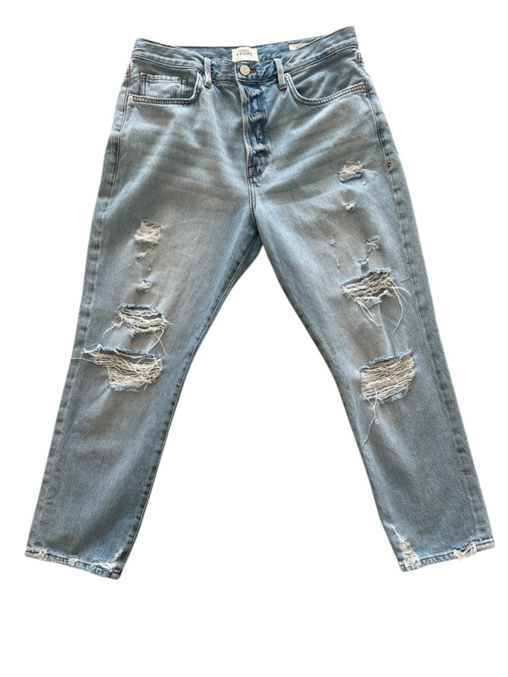 FRAME Distressed Light Washed Blue Denim Straight Leg Cropped Jeans- Size 31